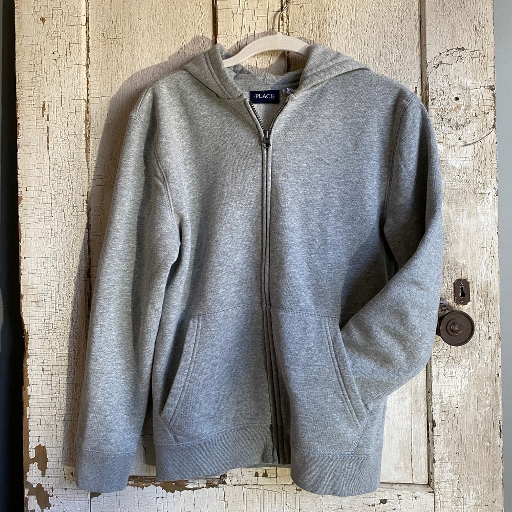 Boys Children's Place Size 14 Gray Hooded, zip front sweatshirt